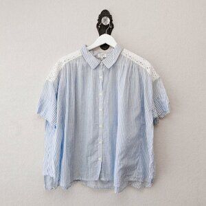 Crown & Ivy Large Blue White Stripe Cotton Button Shirt Lace Shoulder